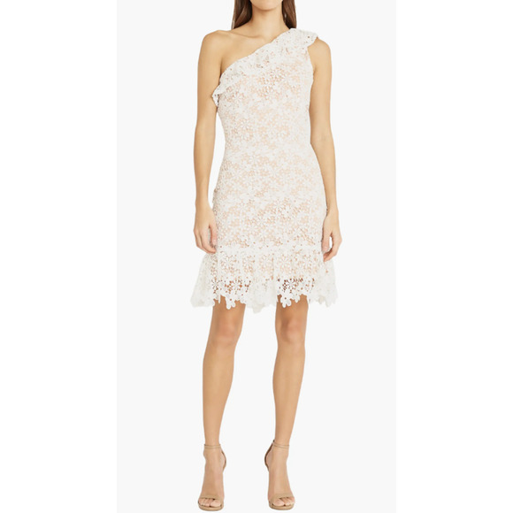 Donna Morgan White Floral Crochet Tan Lined One Shoulder Ruffle Mini Dress Sz 10 - Picture 1 of 13